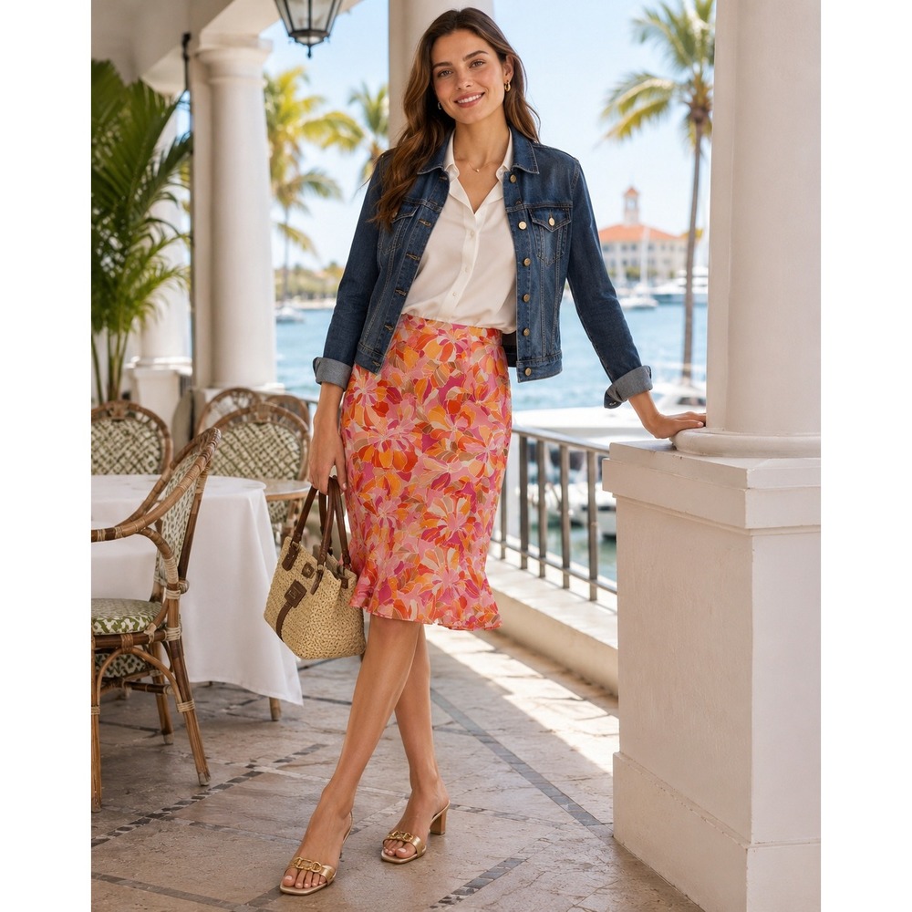NWT Talbots Vintage Women's 18 Floral Tulip Skirt Pink Orange Resort Tropical